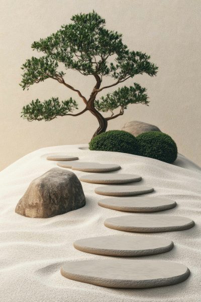 16081024 14 A tranquil zen garden with carefully raked sand, smooth stones, and a single bonsai tree, representing peace and mindfulness, style of Japanese garden --chaos 30 --ar 4:5 --stylize 300 --v 6.1 Job ID: 5b6924cb-c3e5-4fb5-9950-07812d04401d